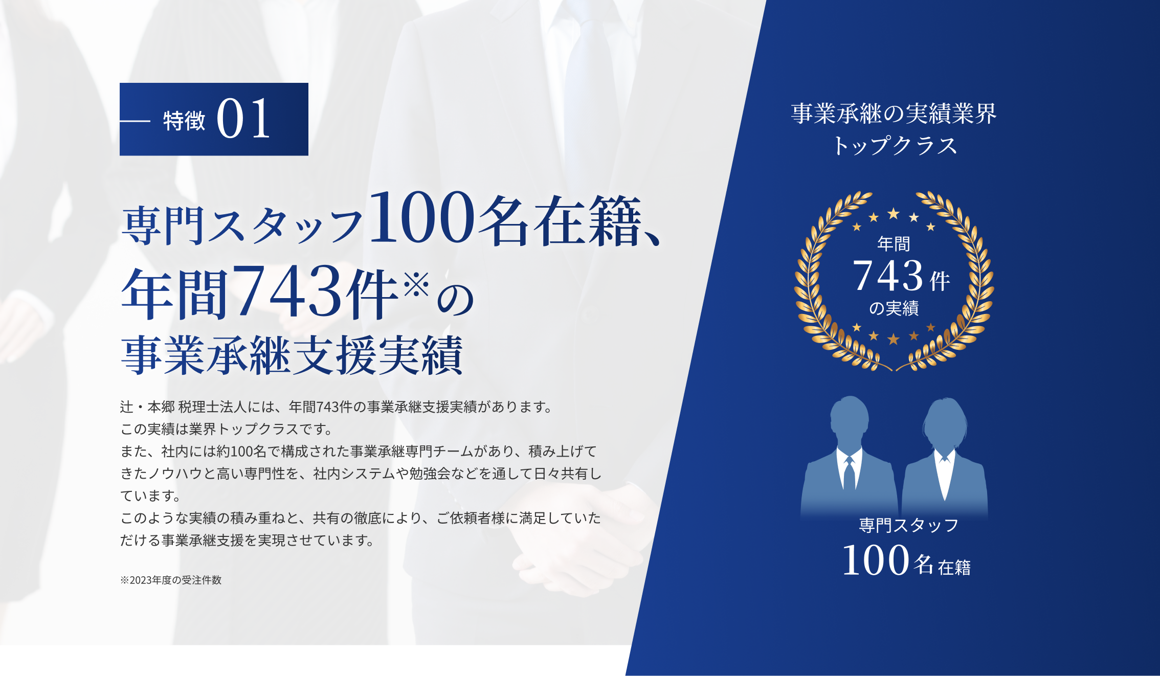 特徴01：専門スタッフ在籍・事業承継支援実績